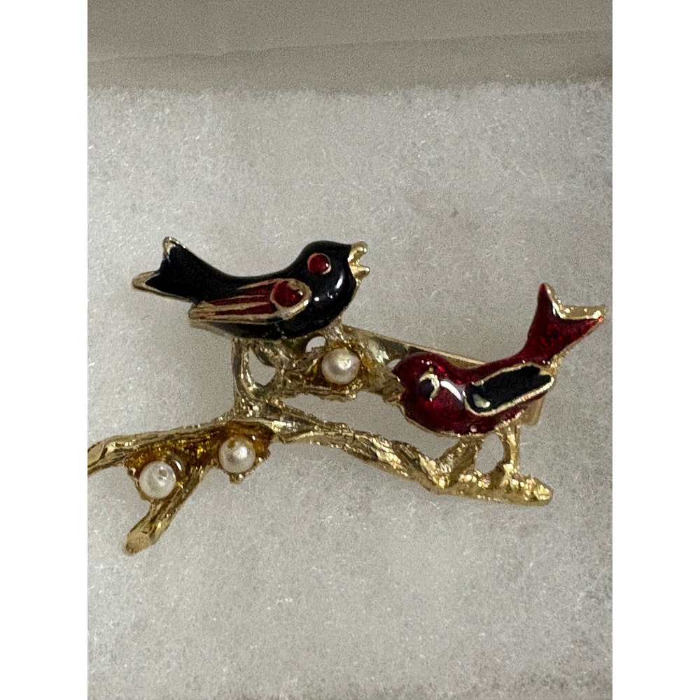 Vintage Gold Tone Enamel Bird Brooch Pin Faux Pearl Accents Red Black Two Birds